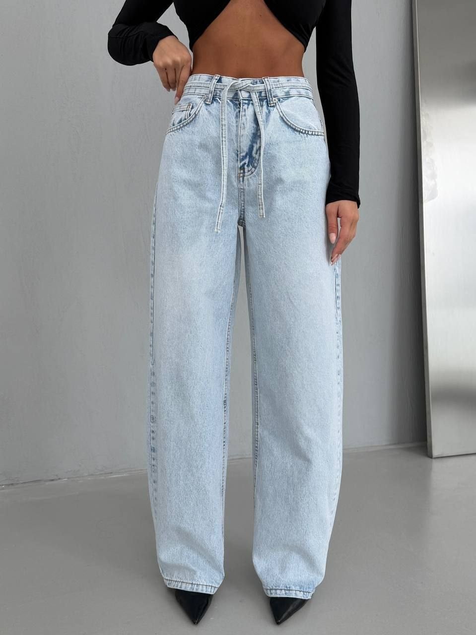 Kadın Bağcıklı Wide Leg Jean Pantolon