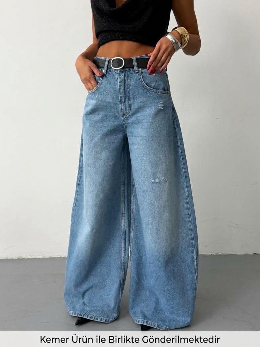 Kadın Baggy Denim Pantolon Yırtıklı Salaş Kesim Kot Pantolon