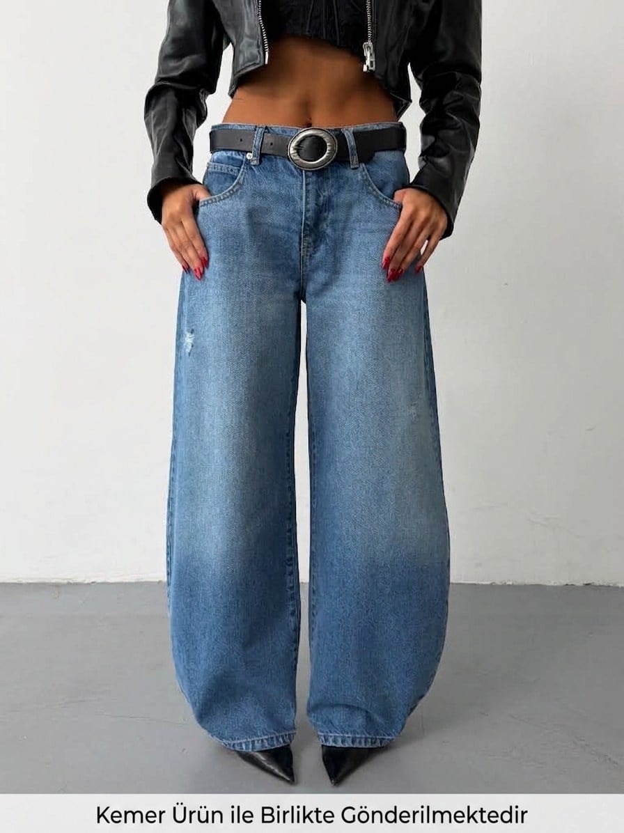Kadın Baggy Denim Pantolon Yırtıklı Salaş Kesim Kot Pantolon
