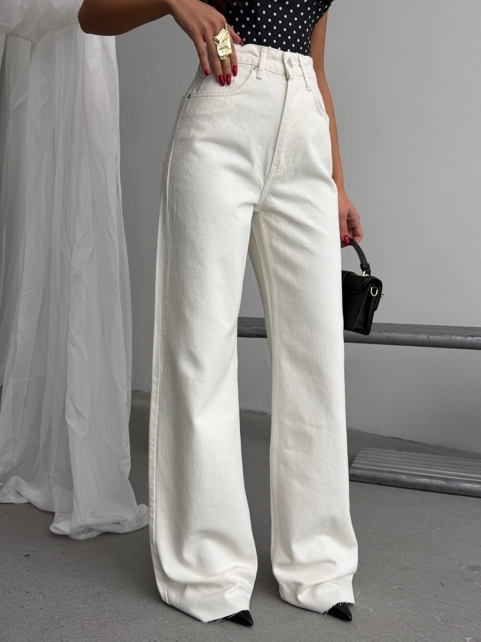 Kadın Beyaz Yüksek Bel Wide Leg Jean Pantolon – Bol Paça Denim Pantolon