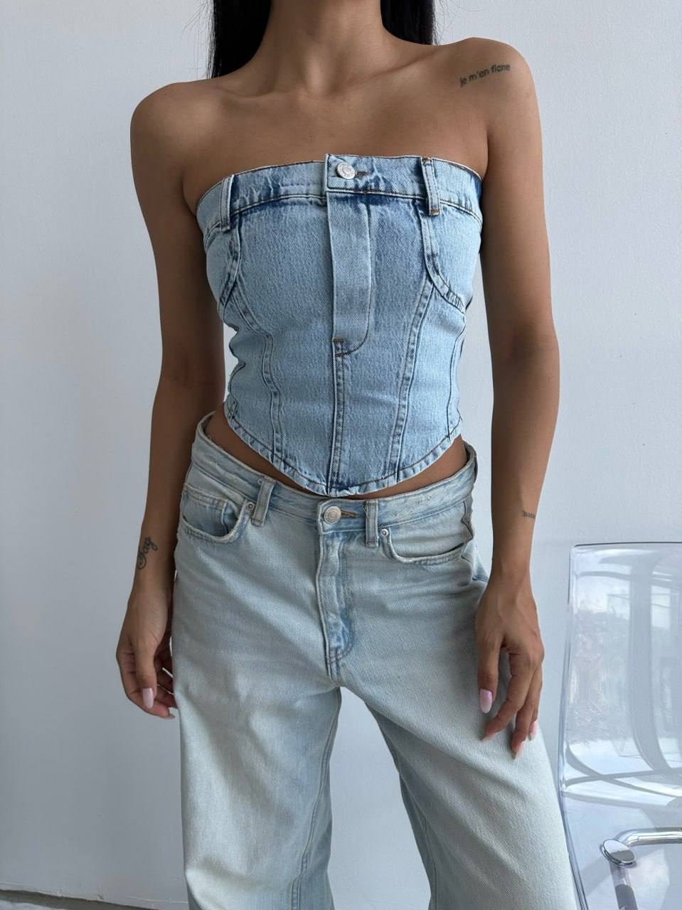 Kadın Denim Büstiyer Jean Korse Top Askısız Straplez Büstiyer