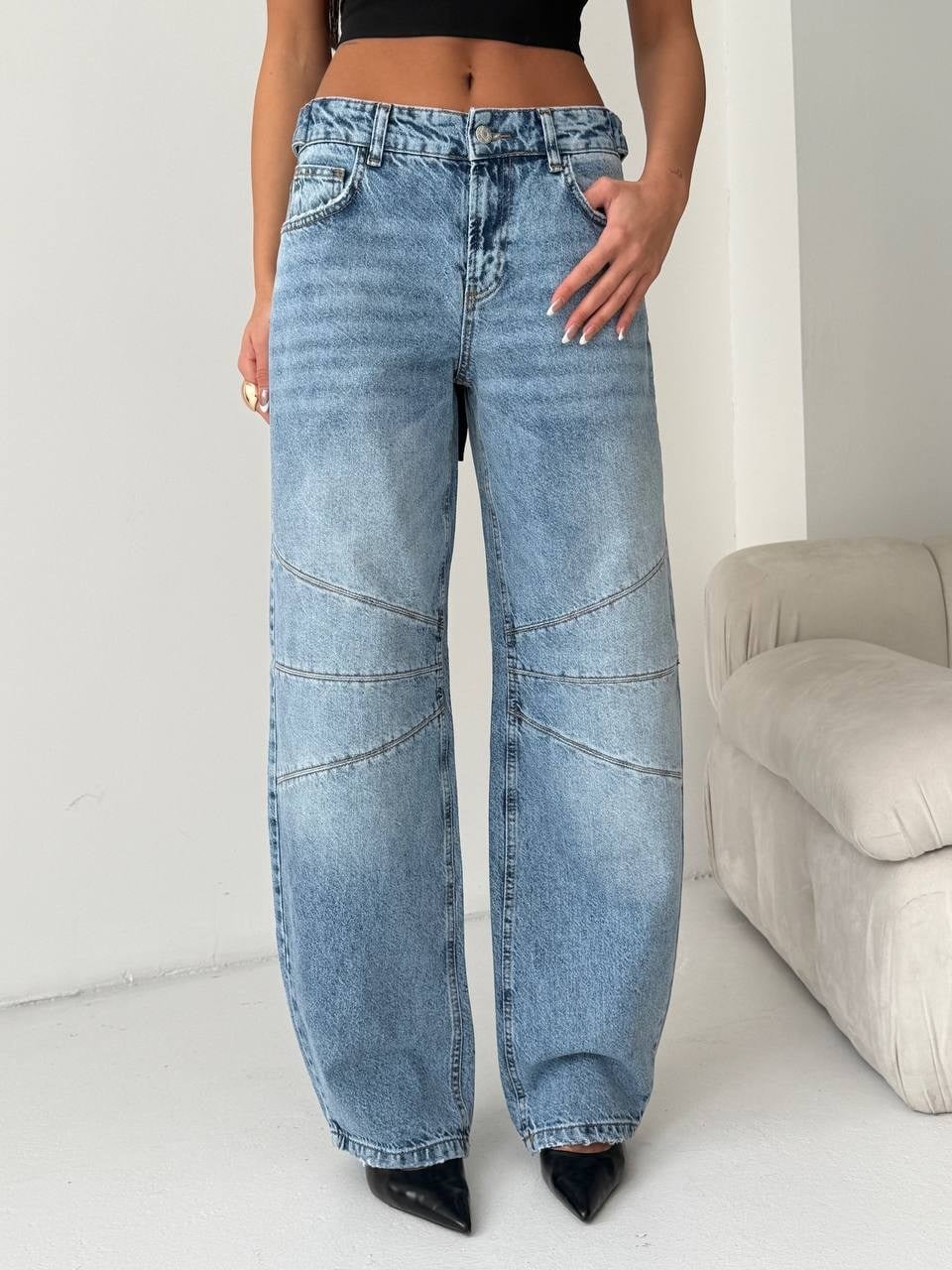 Kadın Dikiş Detaylı Wide Leg Jean Pantolon