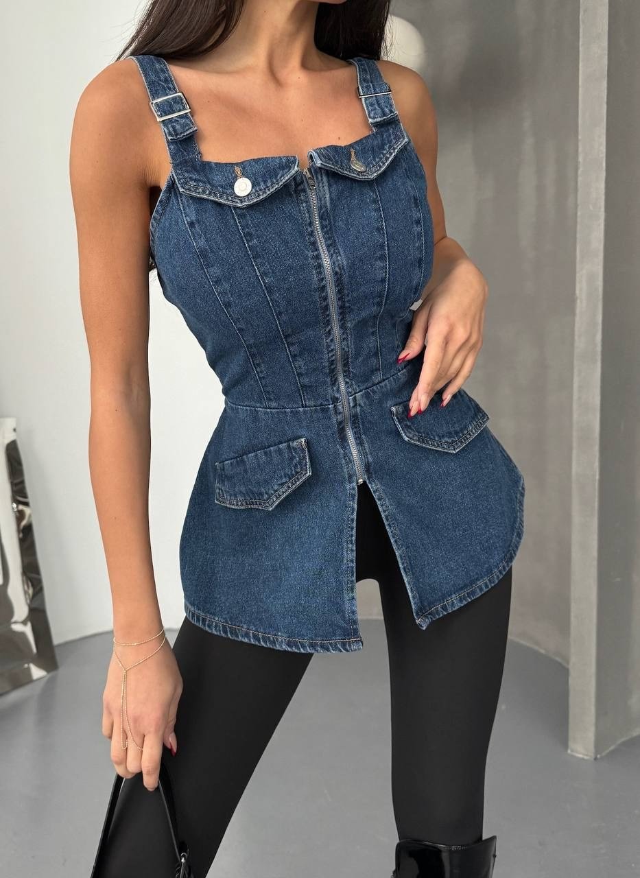 Kadın Fermuarlı ve Cepli Lıkralı Denim Elbise