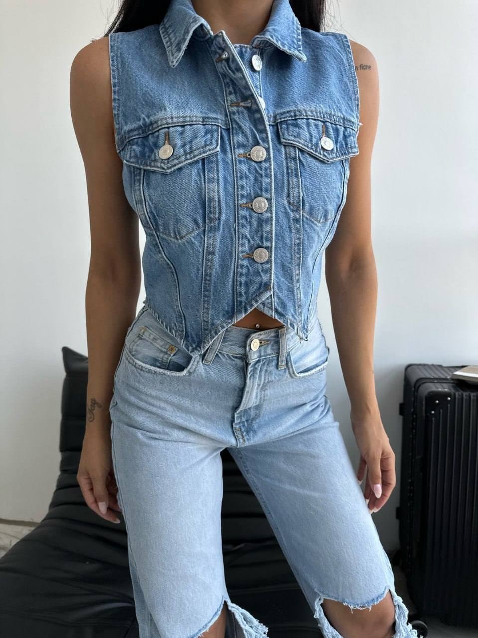 Kadın Gömlekı Slim Fit Kısa Denim Yelek