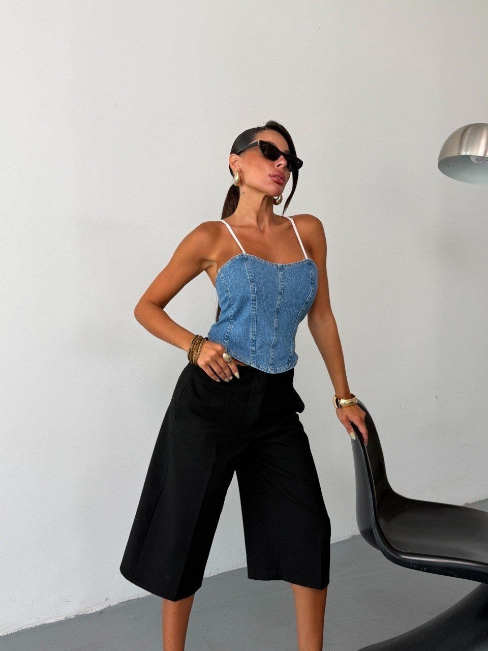 Kadın İnce Askılı Arkası Fermuarlı Denim Korse Büstiyer Crop Top