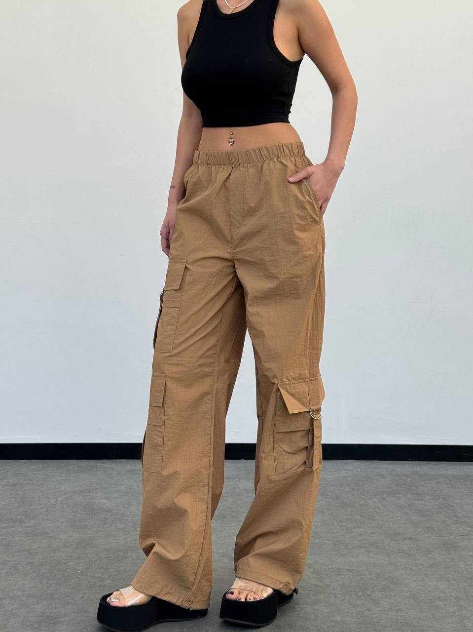 Kadın Kargo Cepli Lastik Bel Oversize Paraşüt Pantolon