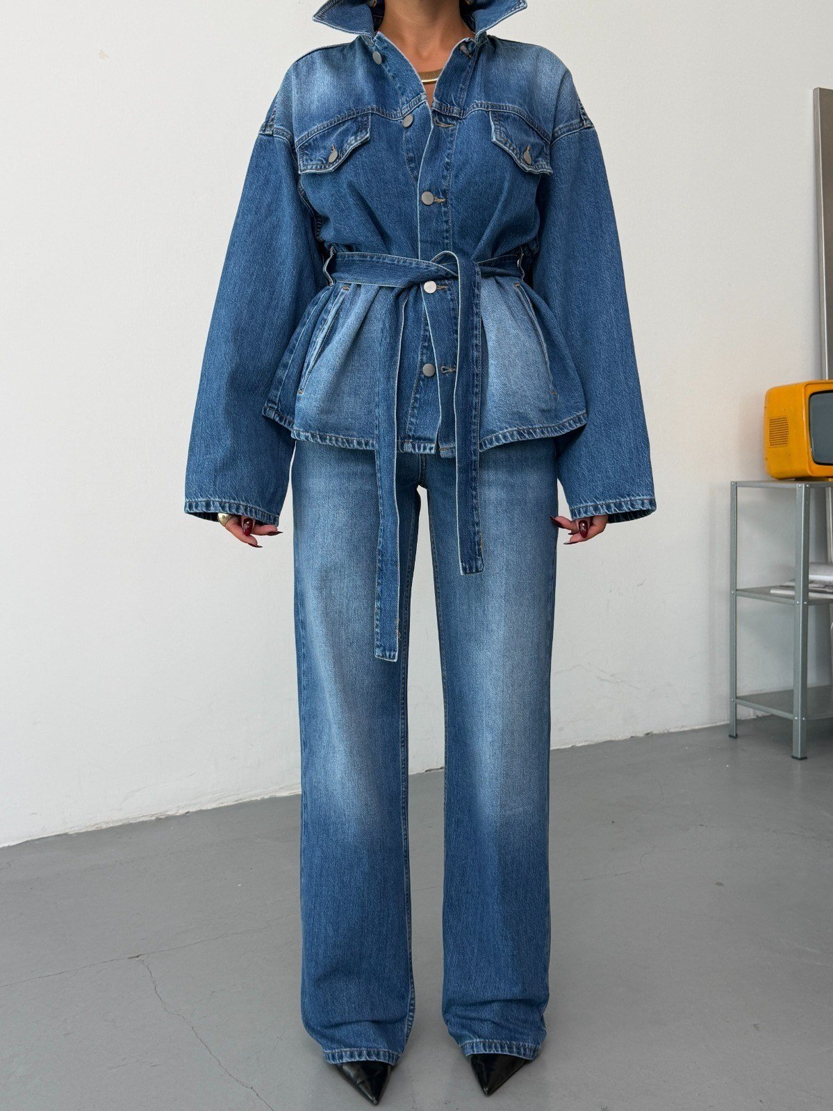 Kadın Kuşaklı Ceketli Denim İkili Takım Wide Leg Bol Paça Kot Takım