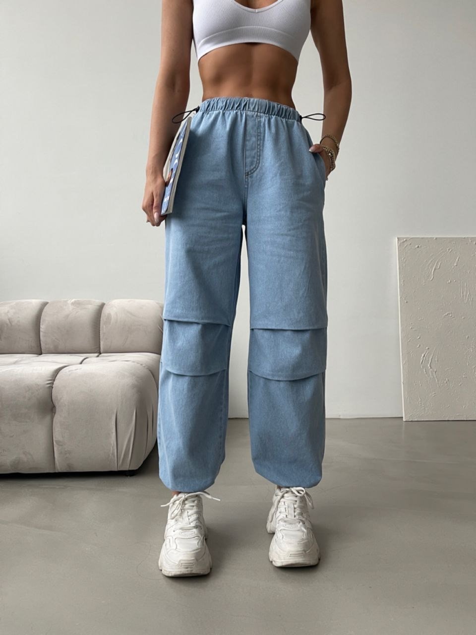 Kadın Lastik Bel Oversize Jogger Jean Pantolon
