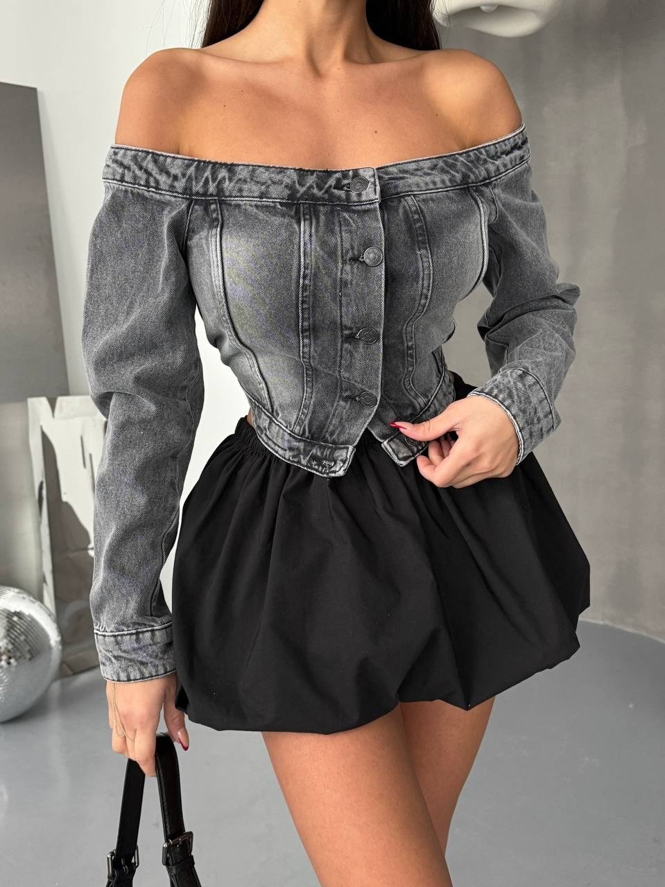 Kadın Omuz Açık Denim Büstiyer – %100 Pamuk, Korse Formlu Crop Top