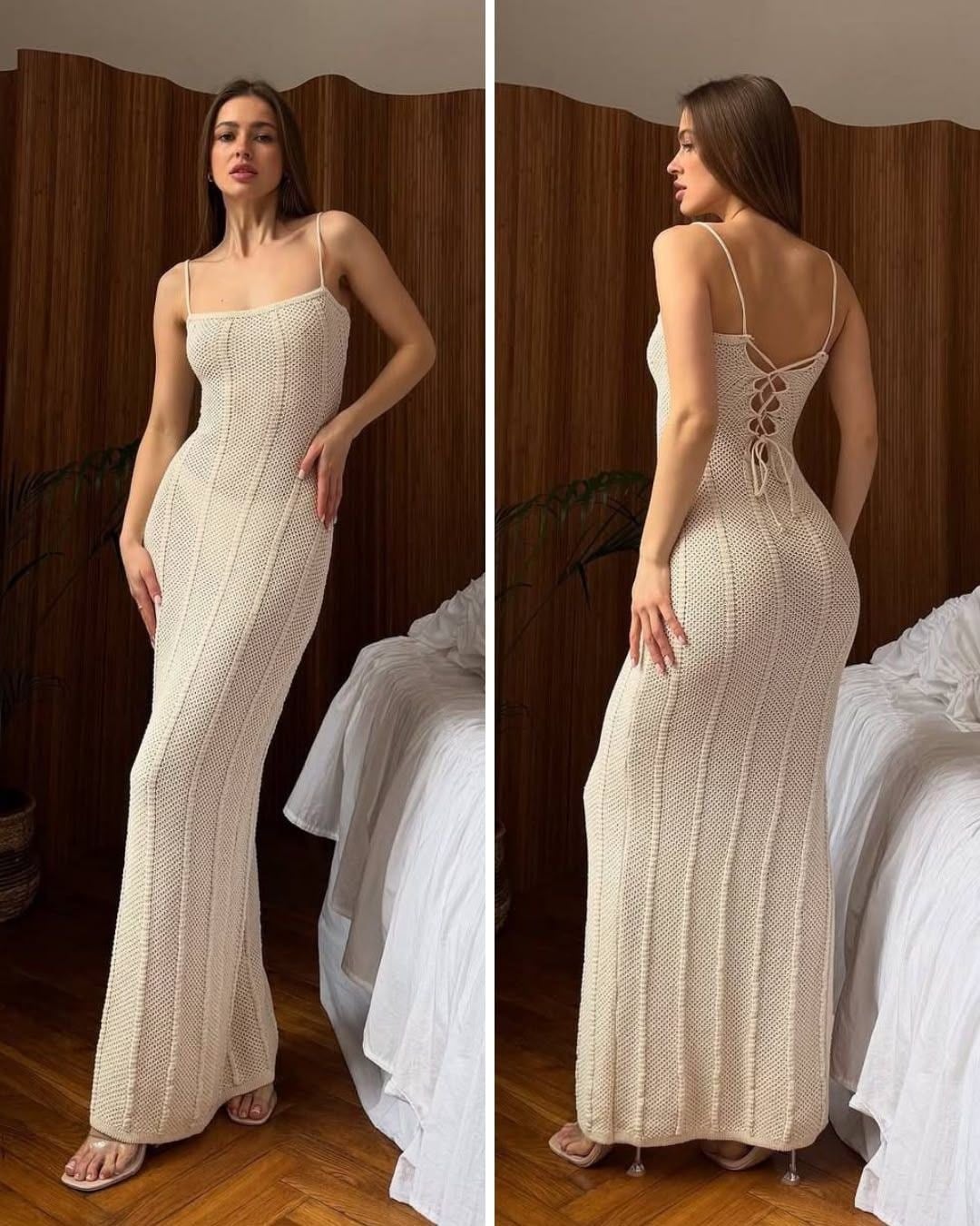 Kadın Örgü Triko Maxi yırtmaçlı Elbise ,Askılı ve bağcıklı  Uzun Yazlık Elbise