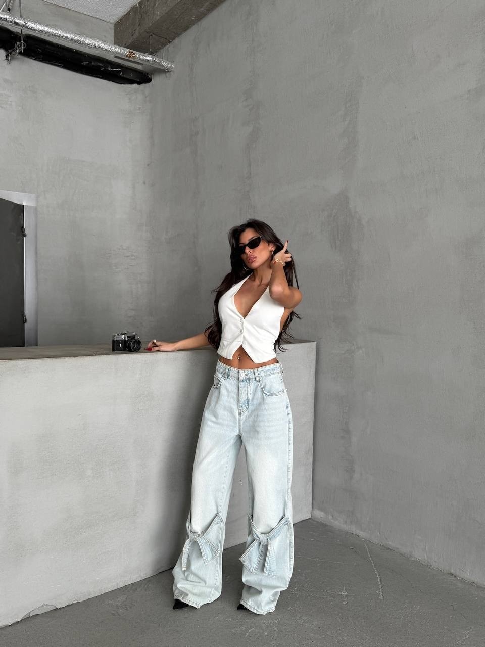 Kadın Paçası Fiyonk Detaylı Geniş Paça Wide Leg Pamuklu Jean Pantolon