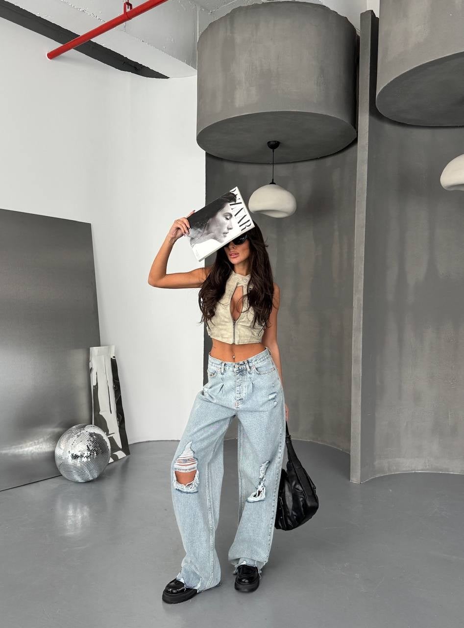 Kadın Pens Detaylı Yırtık Wide Leg Bol Paça Pamuklu Jean Pantolon
