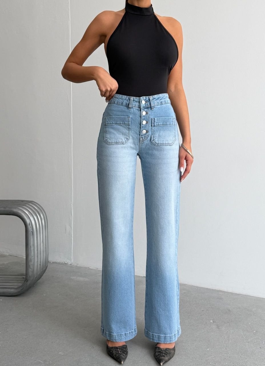 Kadın Retro Tarz Çift Cepli Düğme Detaylı Geniş Paça Kot Pantolon