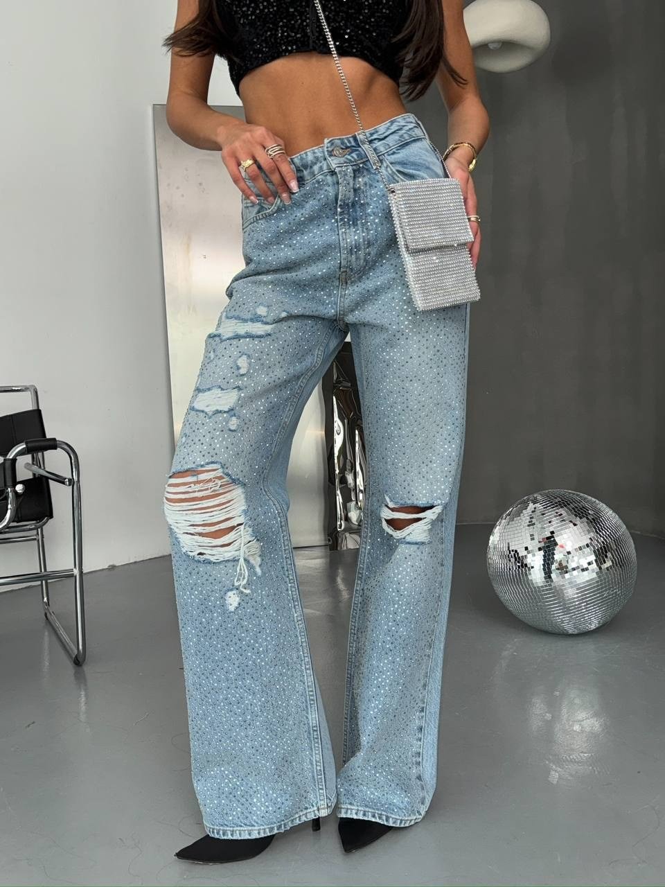 Kadın Taşlı ve Yırtık Detaylı Wide Leg Pamuklu Denim Pantolon
