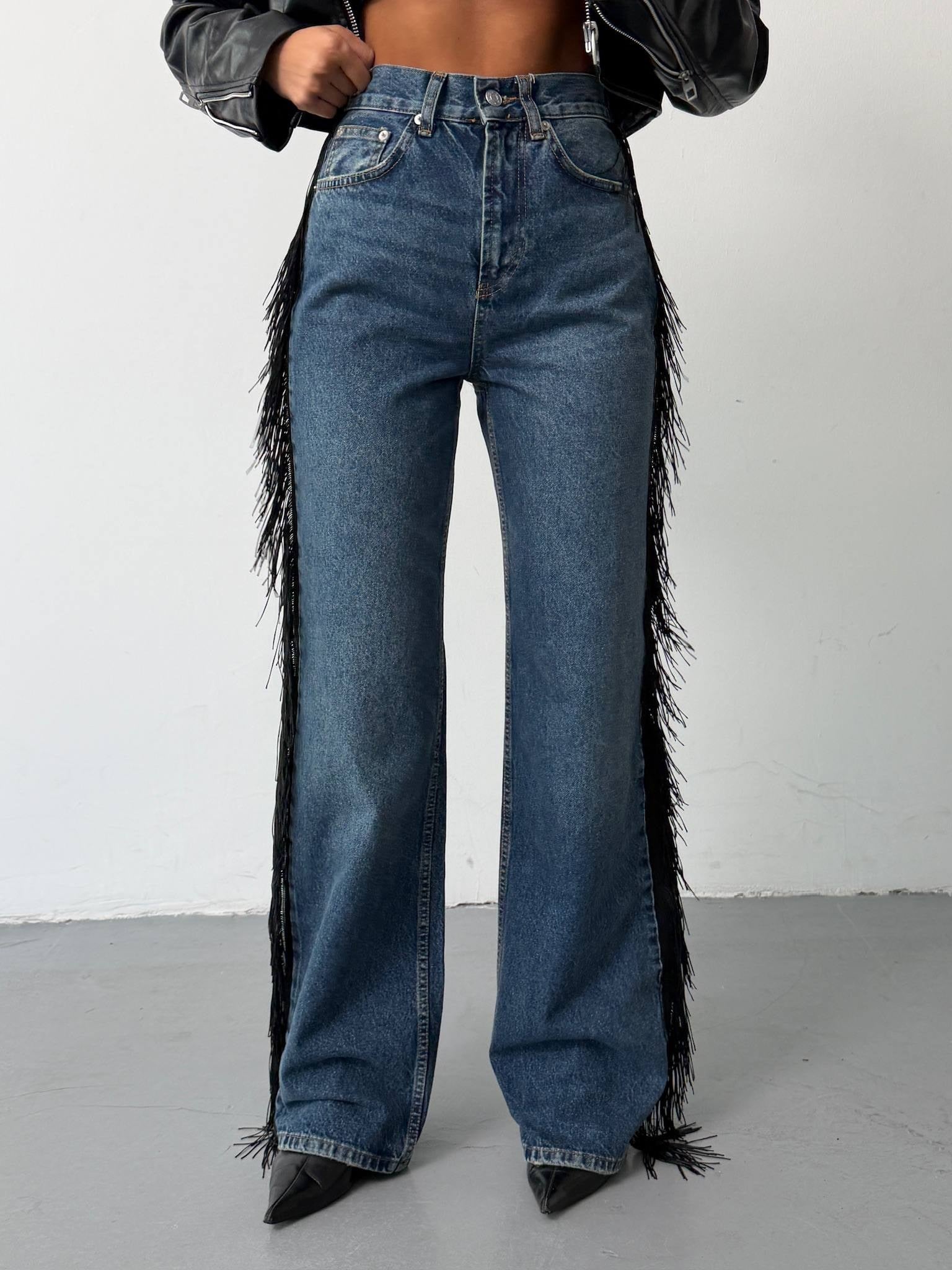 Kadın Yanı İp Püskül Detaylı Dökümlü Düz Kesim Denim Pantolon