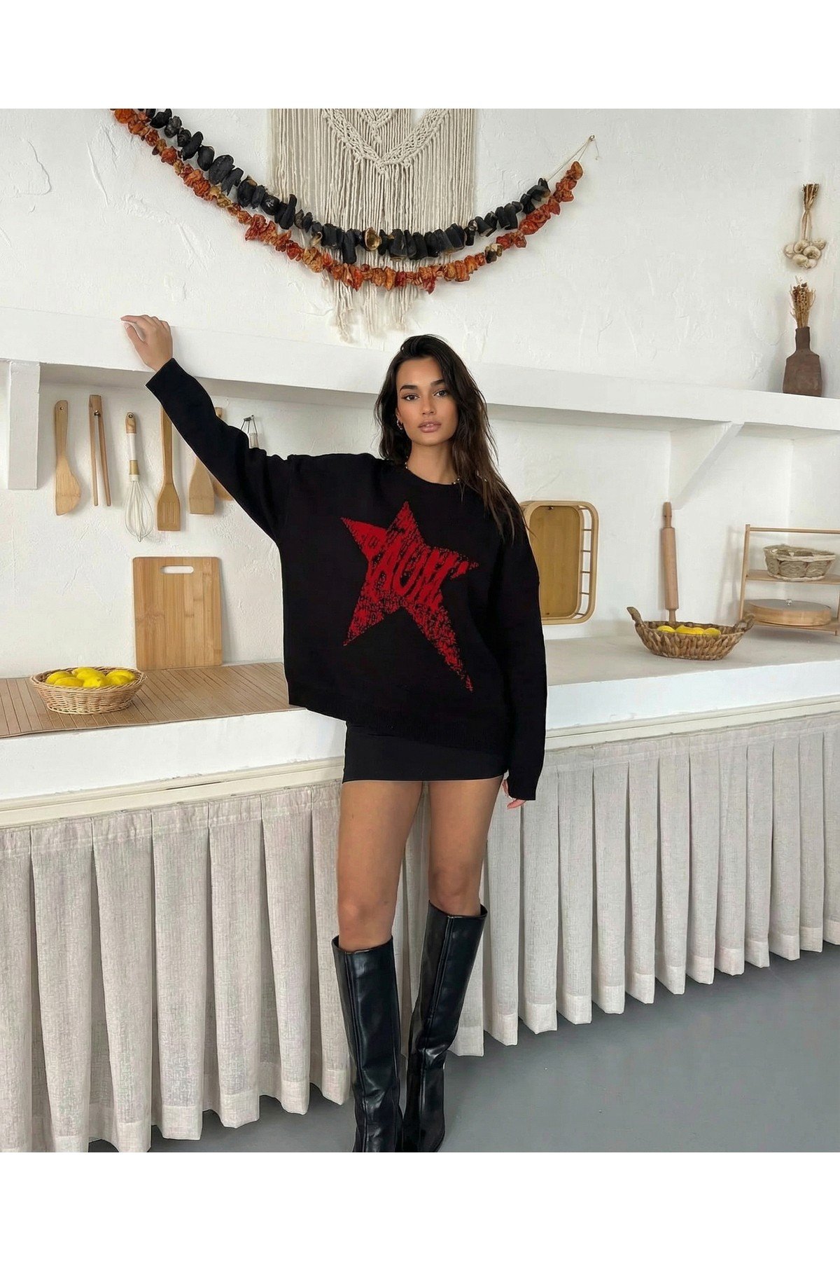 Kadın YILDIZ Oversize Triko Kazak - Yumuşak Dokulu Bisiklet Yaka
