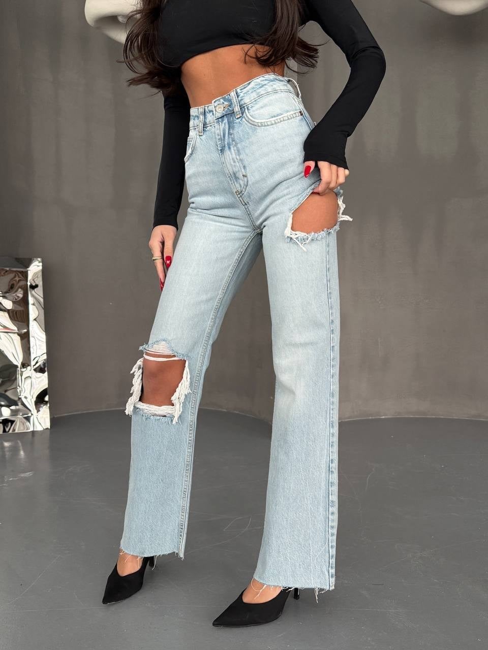 Kadın Yırtık Detaylı Yüksek Bel Denim Jean Pantolon