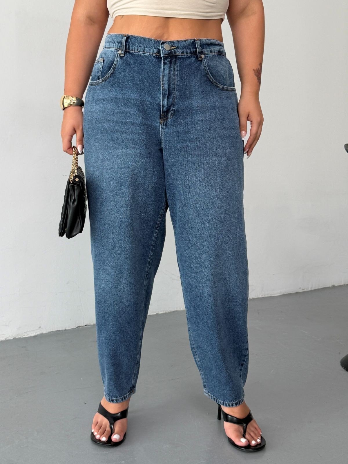 Kadın Yüksek Bel Arka Beli Lastikli Mom Slouchy Jean Pantolon