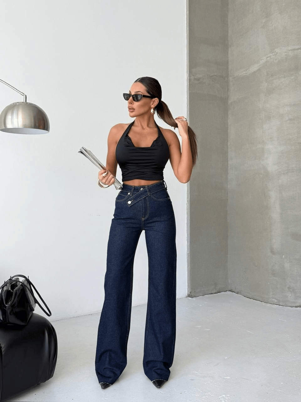 Kadın Yüksek Bel Çapraz Detaylı Wide Leg Jean Pantolon – Koyu Lacivert Denim