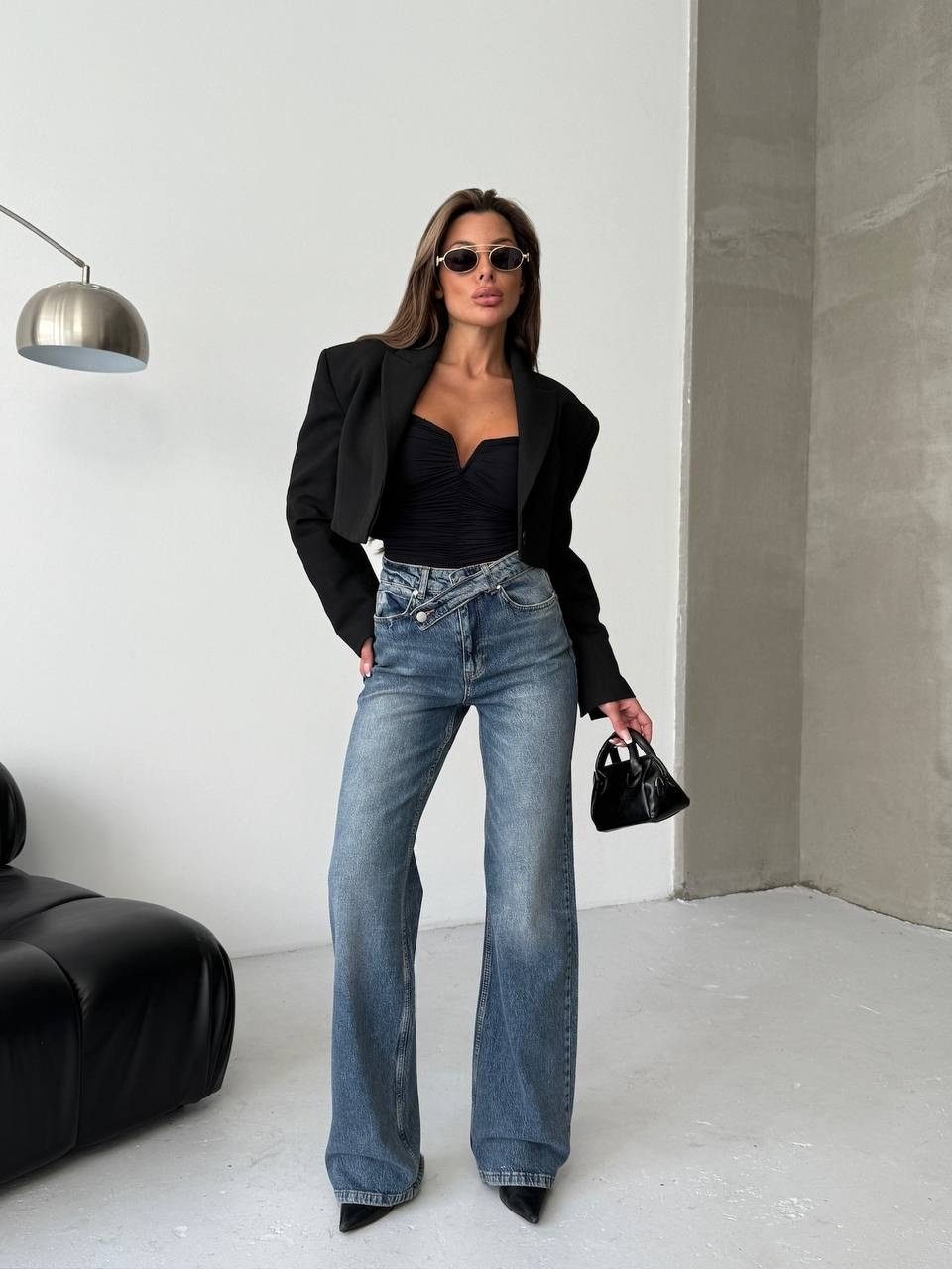 Kadın Yüksek Bel Çapraz Düğme Detaylı Wide Leg Jean Pantolon