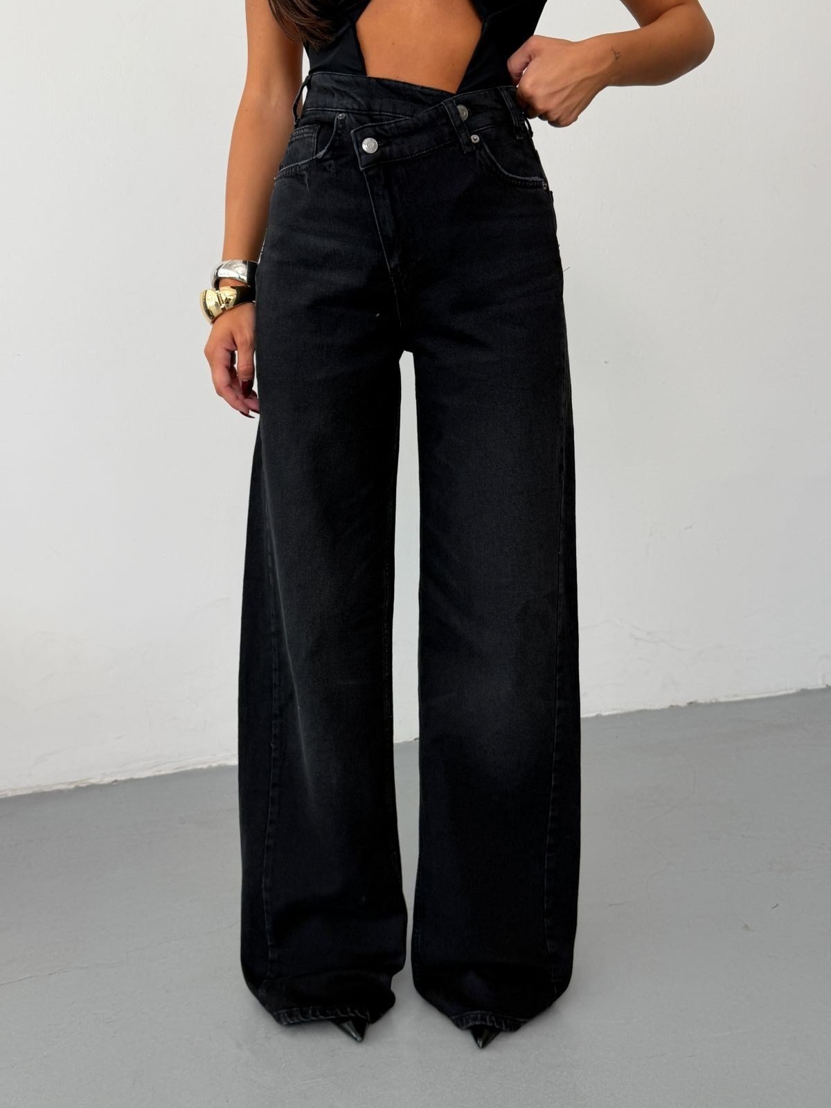 Kadın Yüksek Bel Çapraz Düğme Detaylı Wide Leg Denim Pantolon