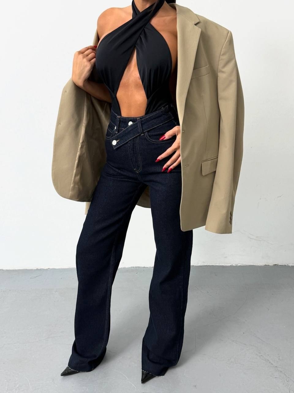 Kadın Yüksek Bel Çapraz Düğmeli Wide Leg Jean Pantolon