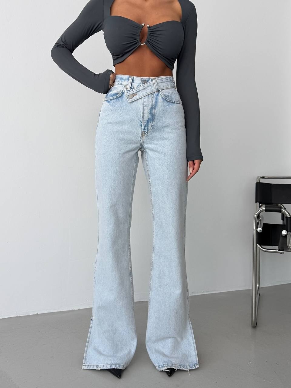 Kadın Yüksek Bel Çapraz Kemer Detaylı Wide Leg Jean Pantolon