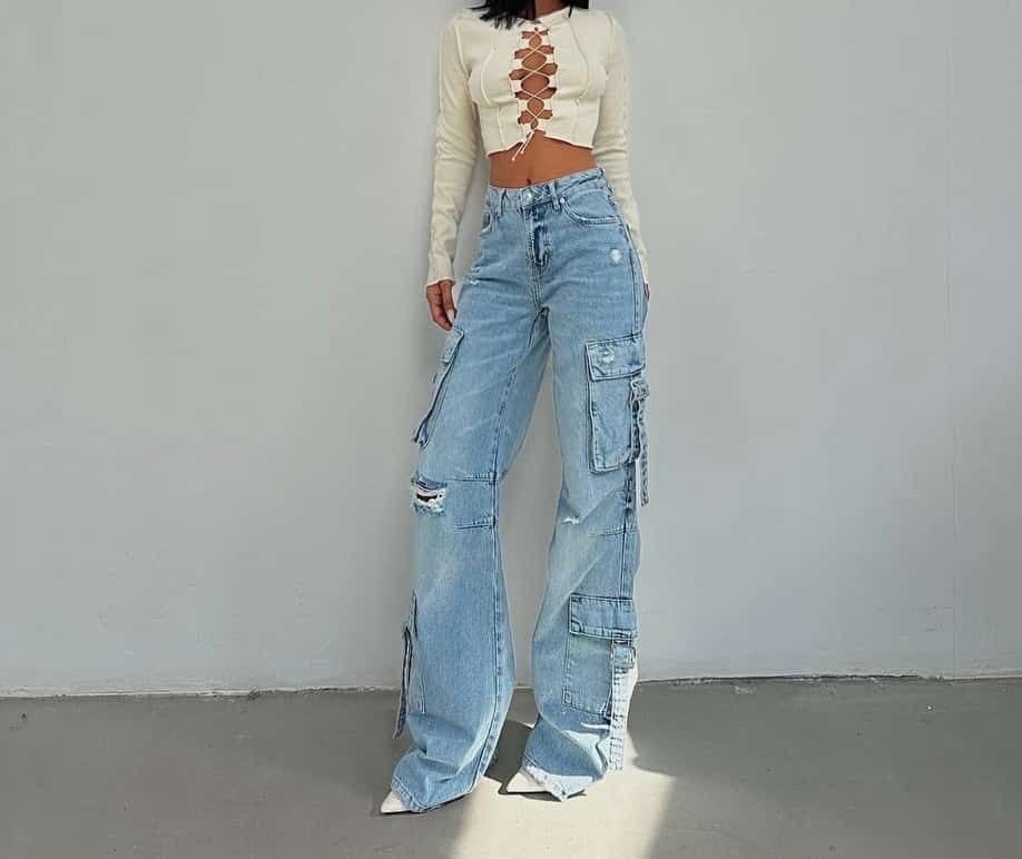 Kadın Yüksek Bel Çok Cepli Yırtık Detaylı Kargo Pamuklu Jean Pantolon