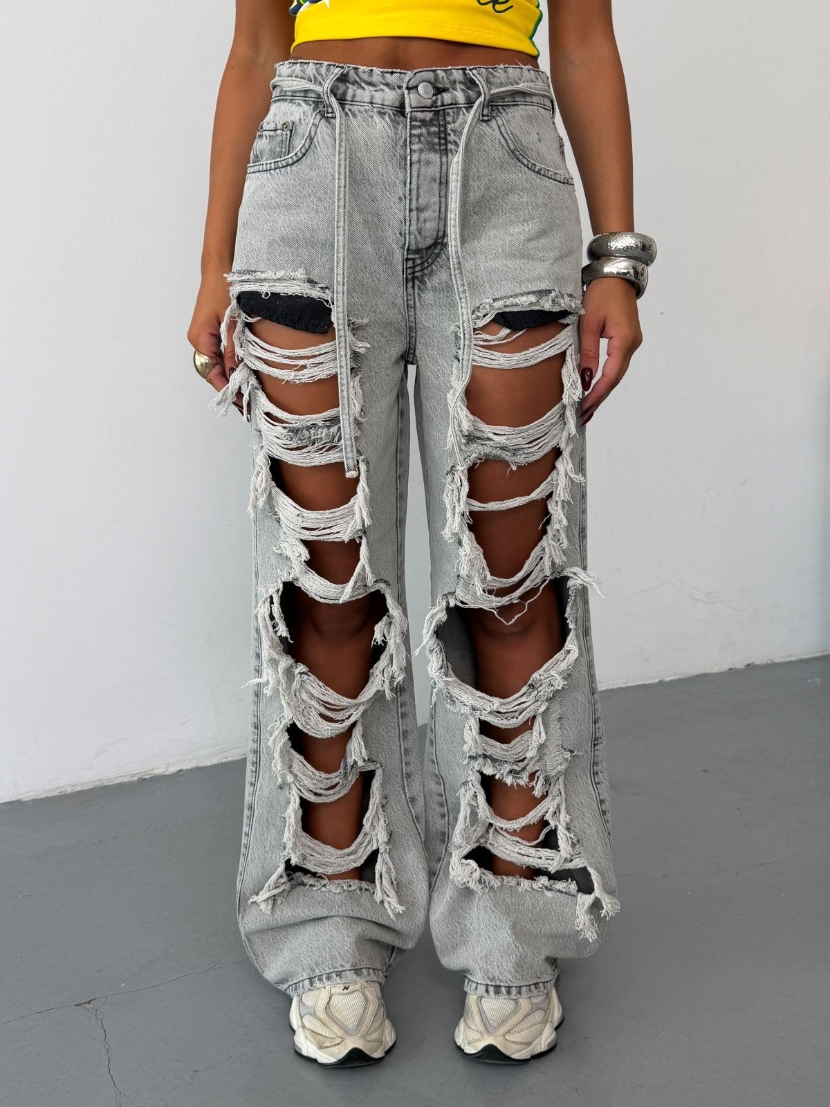 Kadın Yüksek Bel Çoklu Yırtıklı Baggy Wide Leg Jean Pantolon