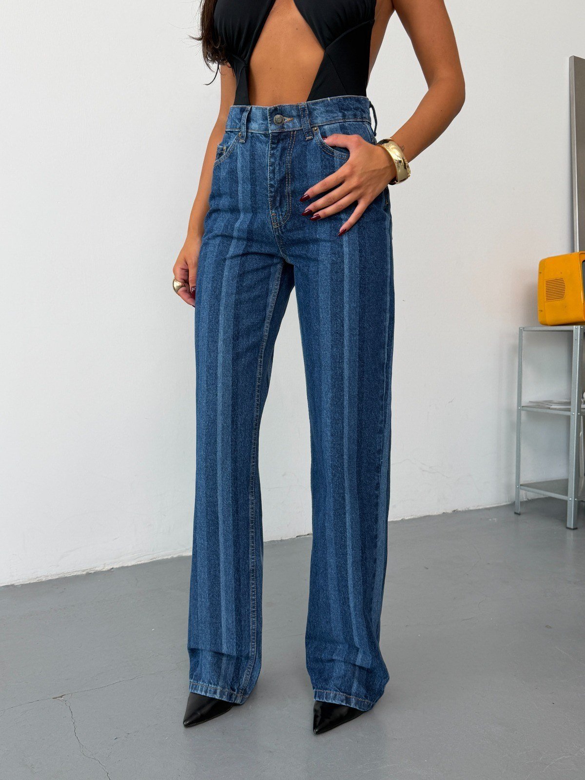 Kadın Yüksek Bel Dikey Çizgili Çift Tonlu Wide Leg Düz Kesim Jean Pantolon