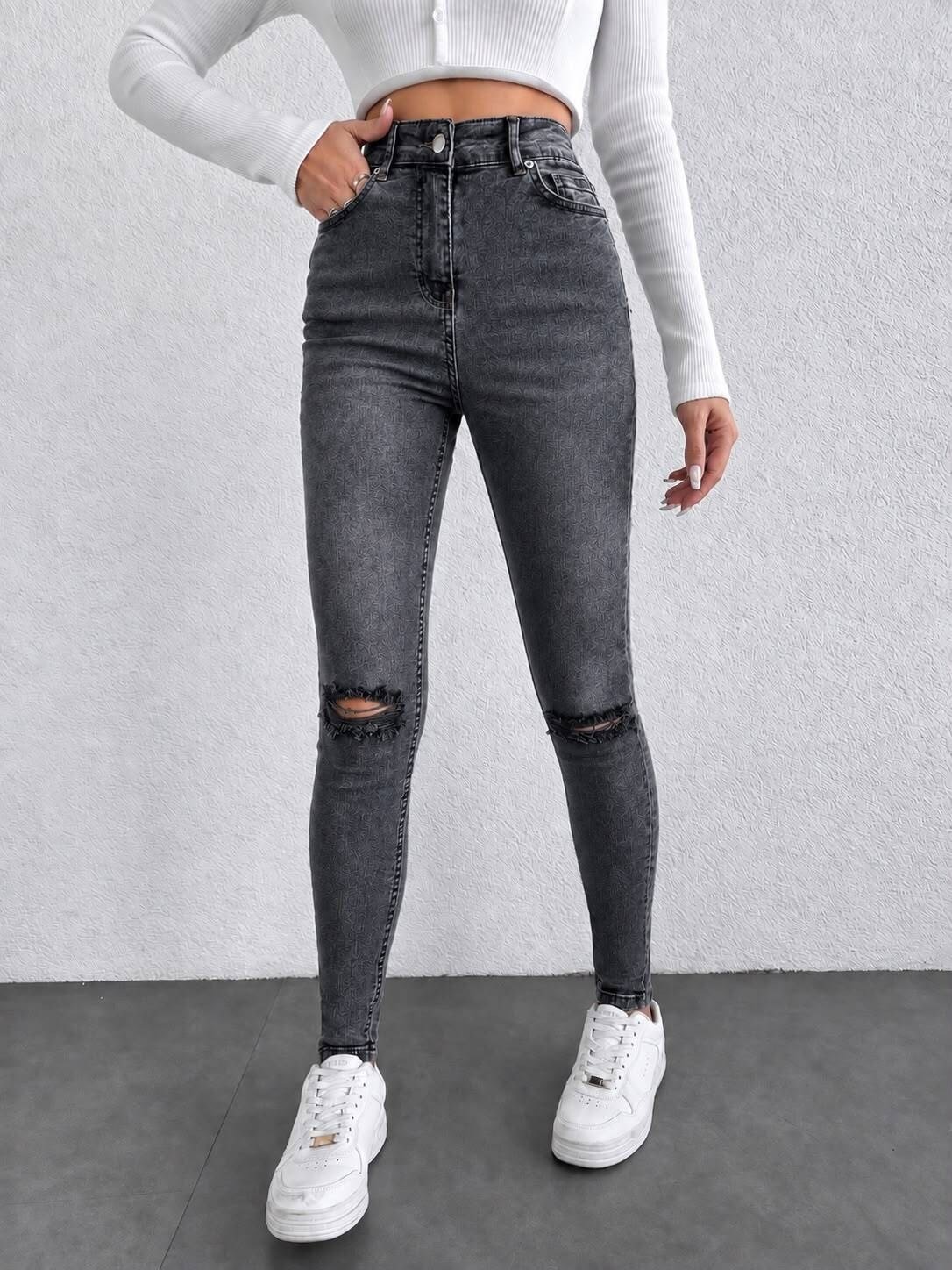 Kadın Yüksek Bel Dizleri Yırtıklı Skinny Jean Pantolon Dar Paça Kot Pantolon