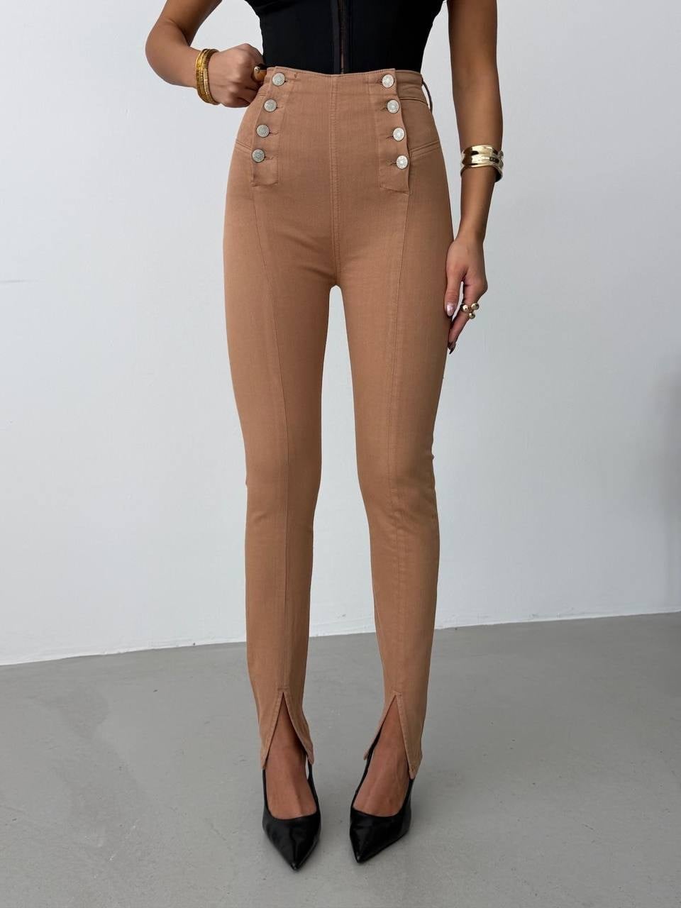 Kadın Yüksek Bel Düğme Detaylı Skinny Jean - Paçası Yırtmaçlı Dar Pantolon Kesim