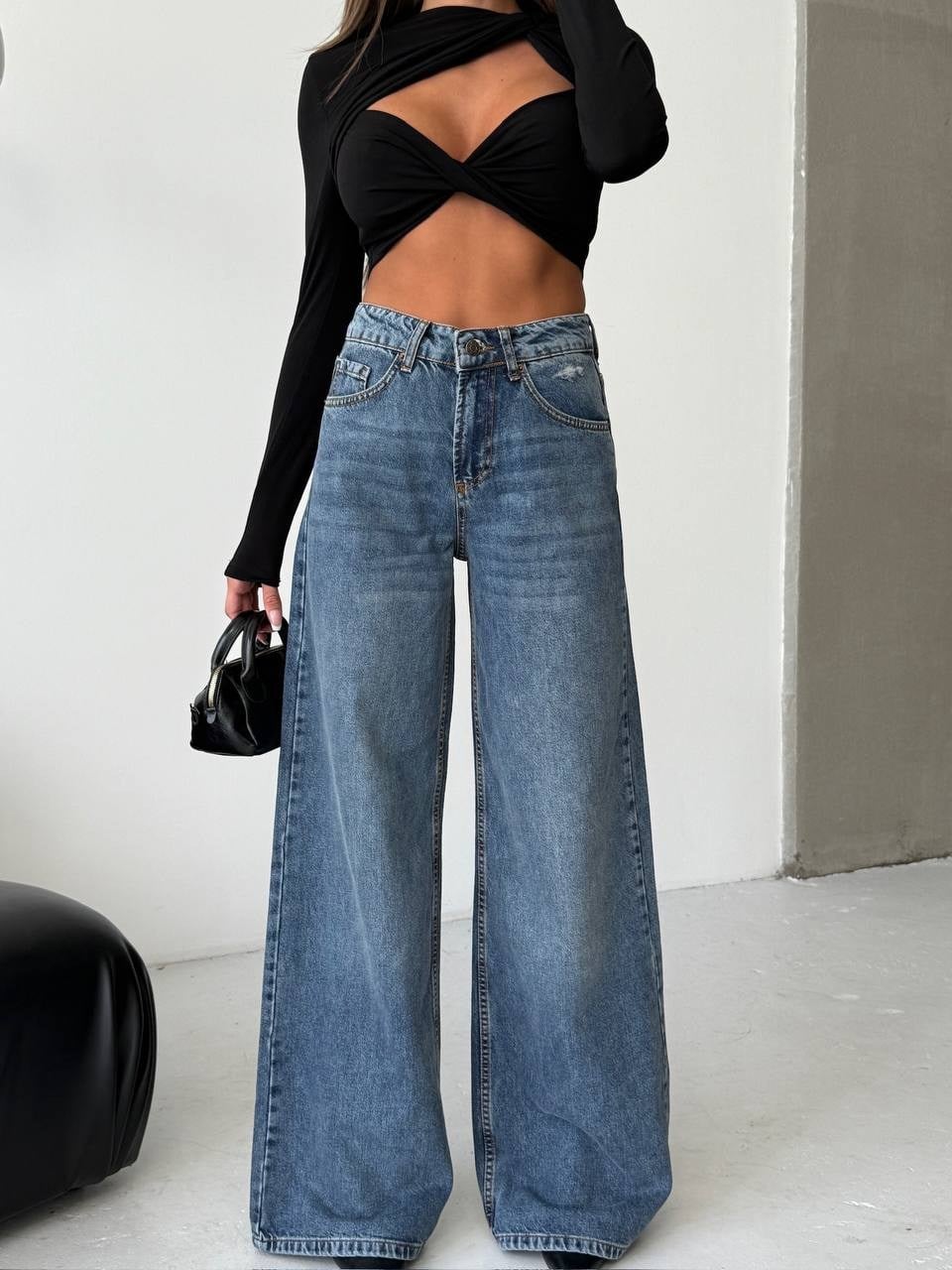 Kadın Yüksek Bel Geniş Paça Denim Jean Pantolon
