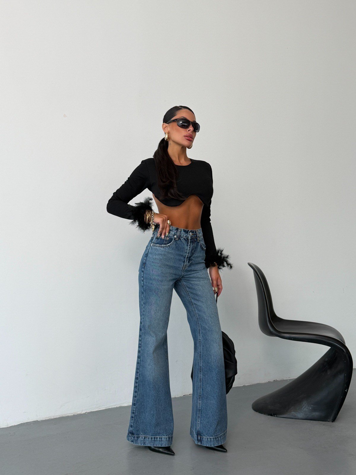 Kadın Yüksek Bel İspanyol Paça Jean Pantolon Flare Denim Kot