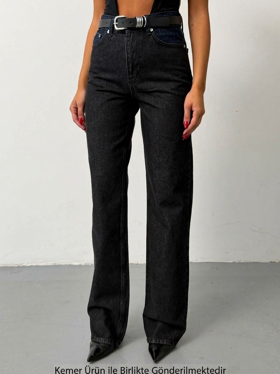 Kadın Yüksek Bel Katmanlı Bel Detaylı Wide Leg Kot Pantolon