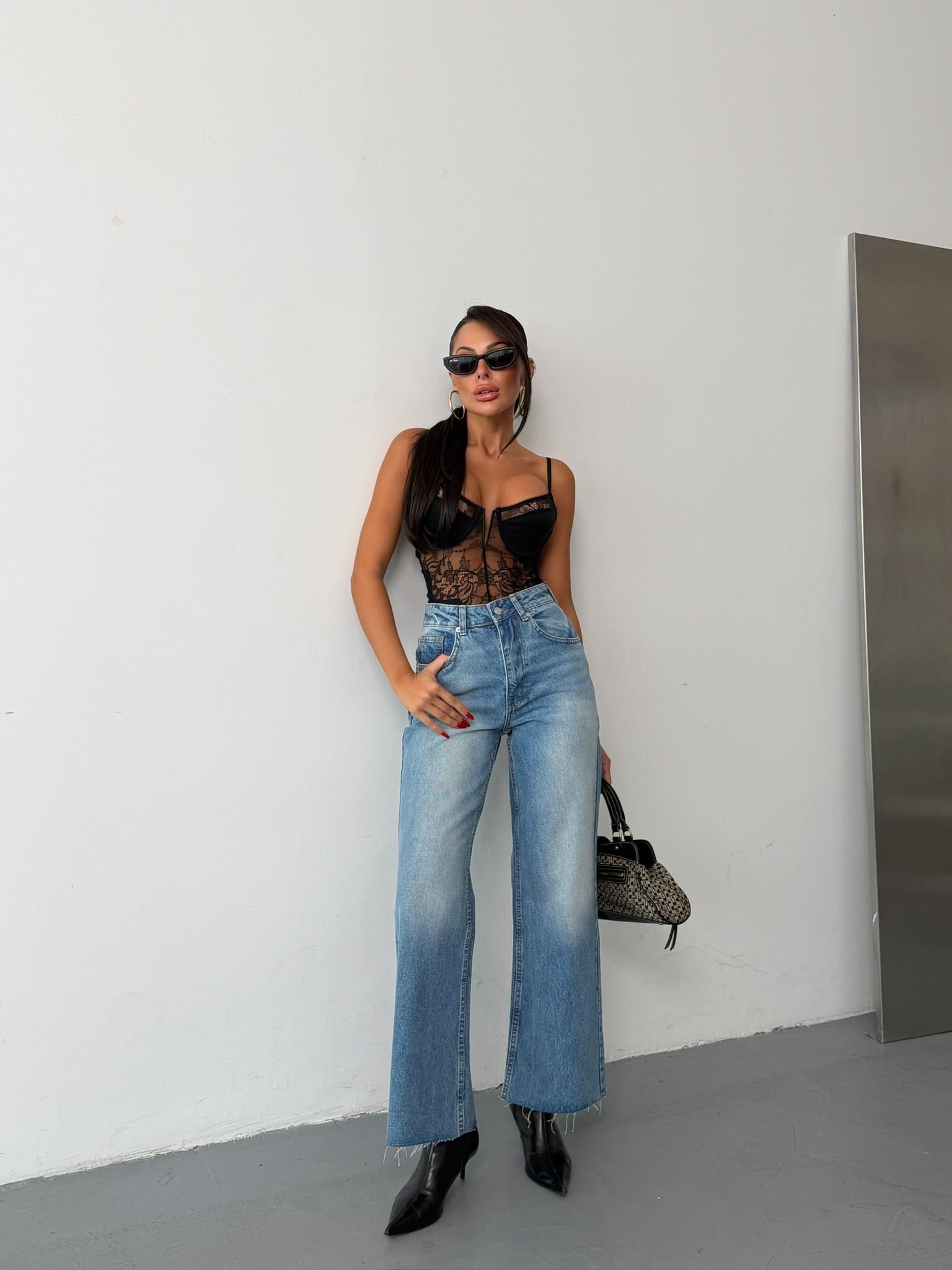 Kadın Yüksek Bel Paçası Püsküllü Wide Leg Jean Pantolon Bol Paça Kot Pantolon