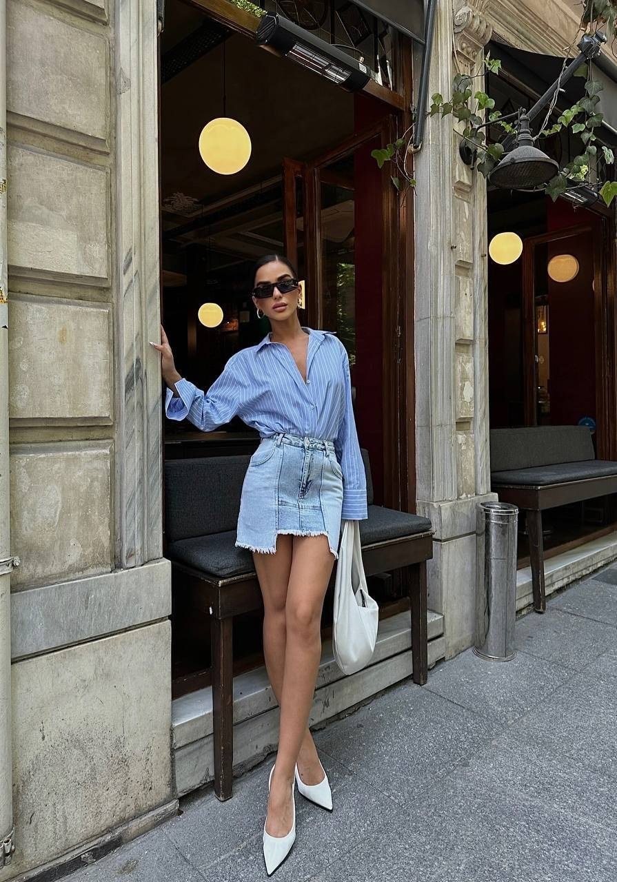 Kadın Yüksek Bel Panel Detaylı Püsküllü Pamuklu Denim Mini Etek