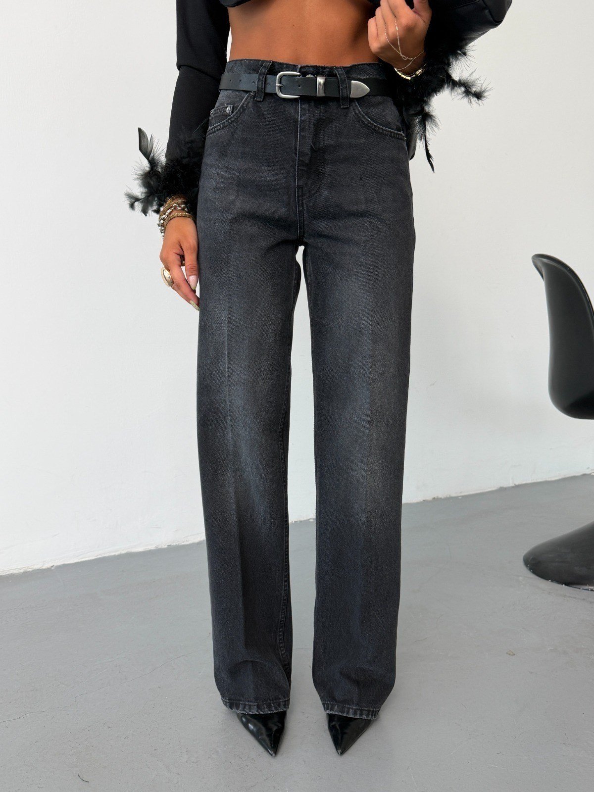 Kadın Yüksek Bel Ütü Çizgili Straight Wide Leg Jean Pantolon