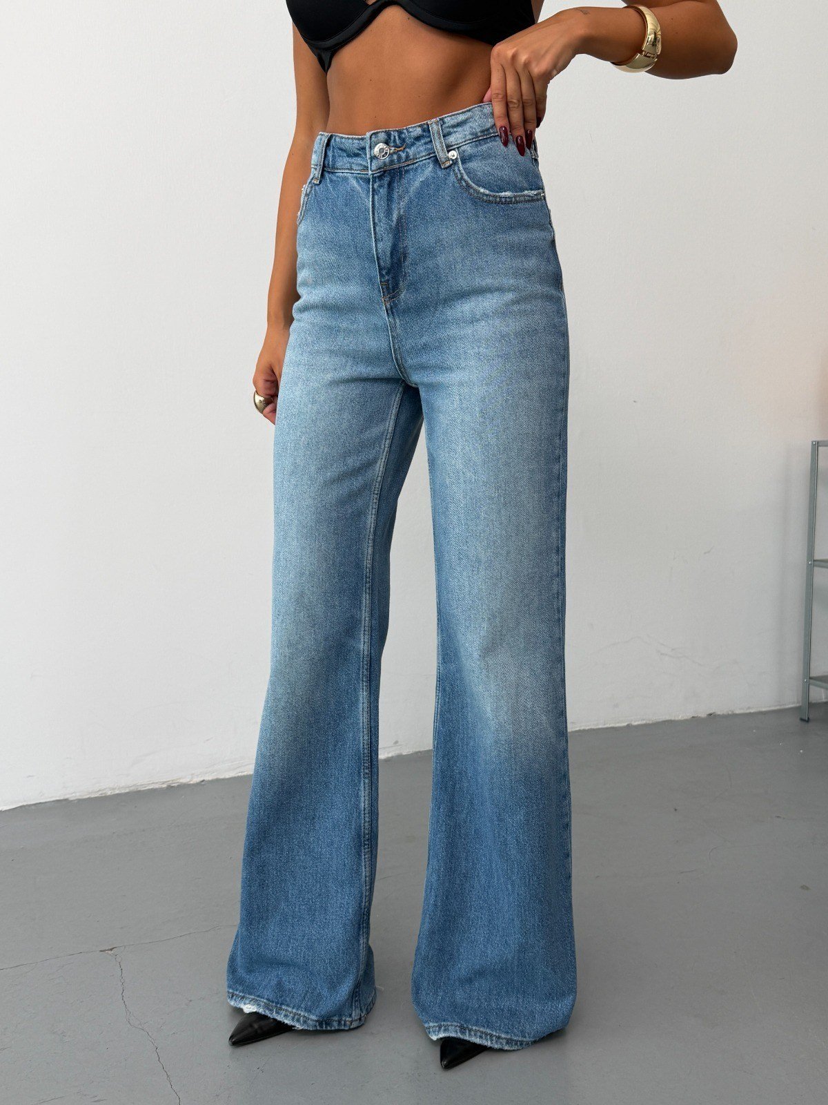 Kadın Yüksek Bel Wide Leg Bol Paça Dökümlü Jean Pantolon