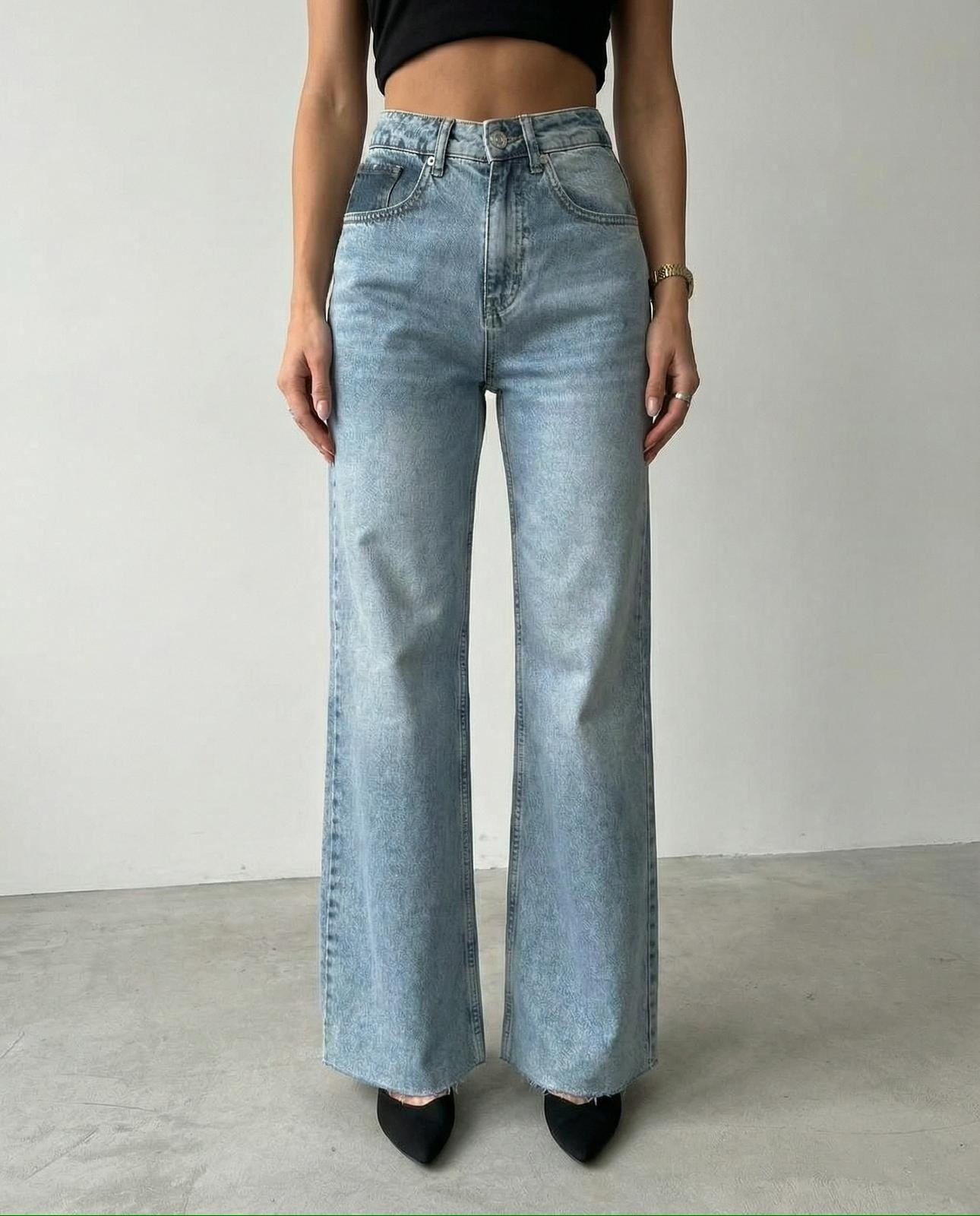 Kadın Yüksek Bel Wide Leg Jean - Önü Pencereli Yırtık Detaylı Geniş Paça Denim Pantolon