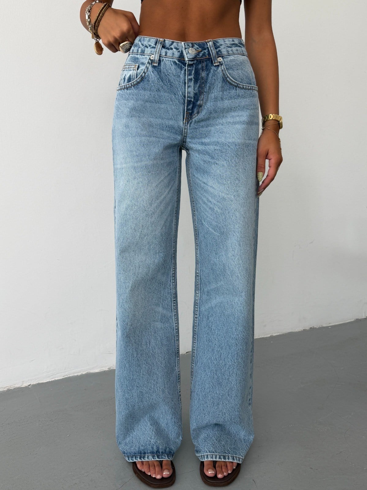 Kadın Yüksek Bel Wide Leg Jean Pantolon Bol Paça Düz Kesim Denim