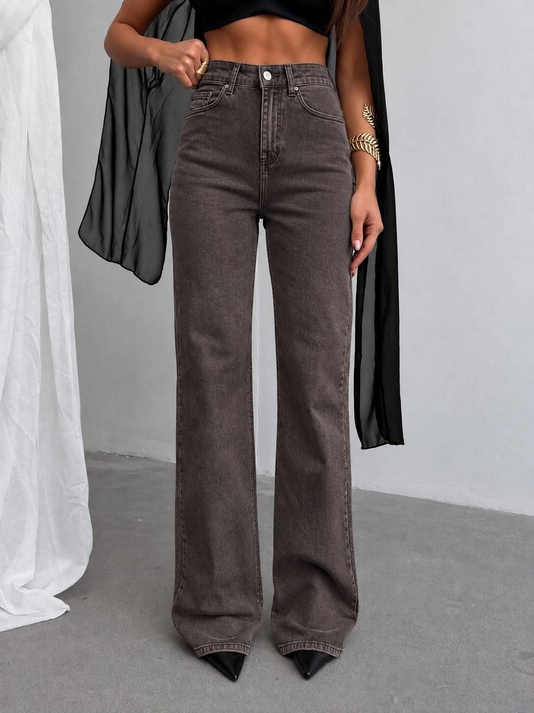 Kadın Yüksek Bel Wide Leg Jean Pantolon Düz Kesim Bol Paça Kot Pantolon