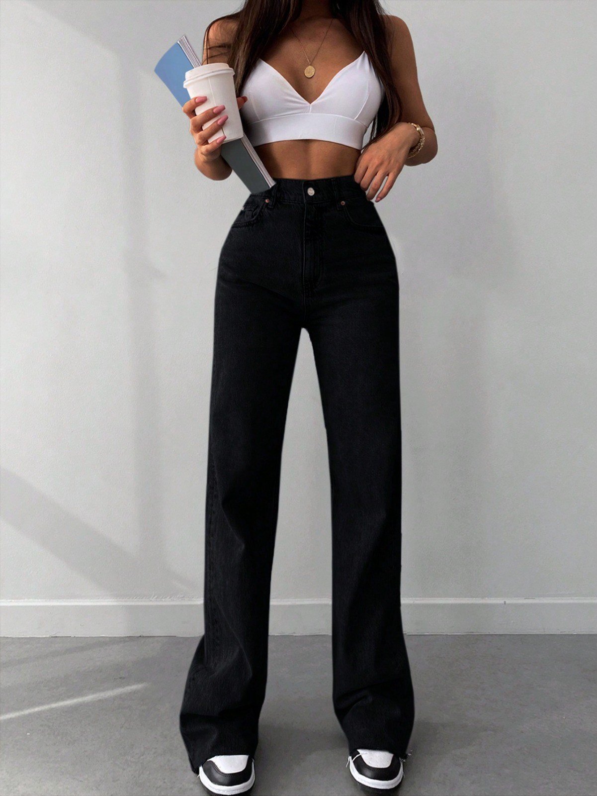 Kadın Yüksek Bel Wide Leg Jean Pantolon Düz Bol Paça Kot Pantolon
