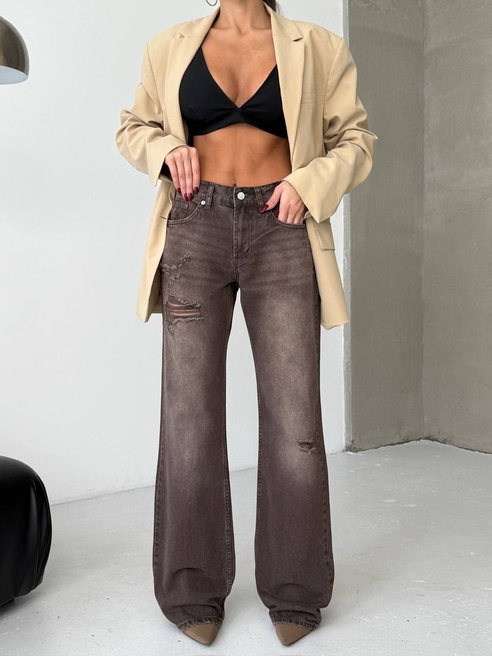 Kadın Yüksek Bel Wide Leg Jean Pantolon %100 Pamuk