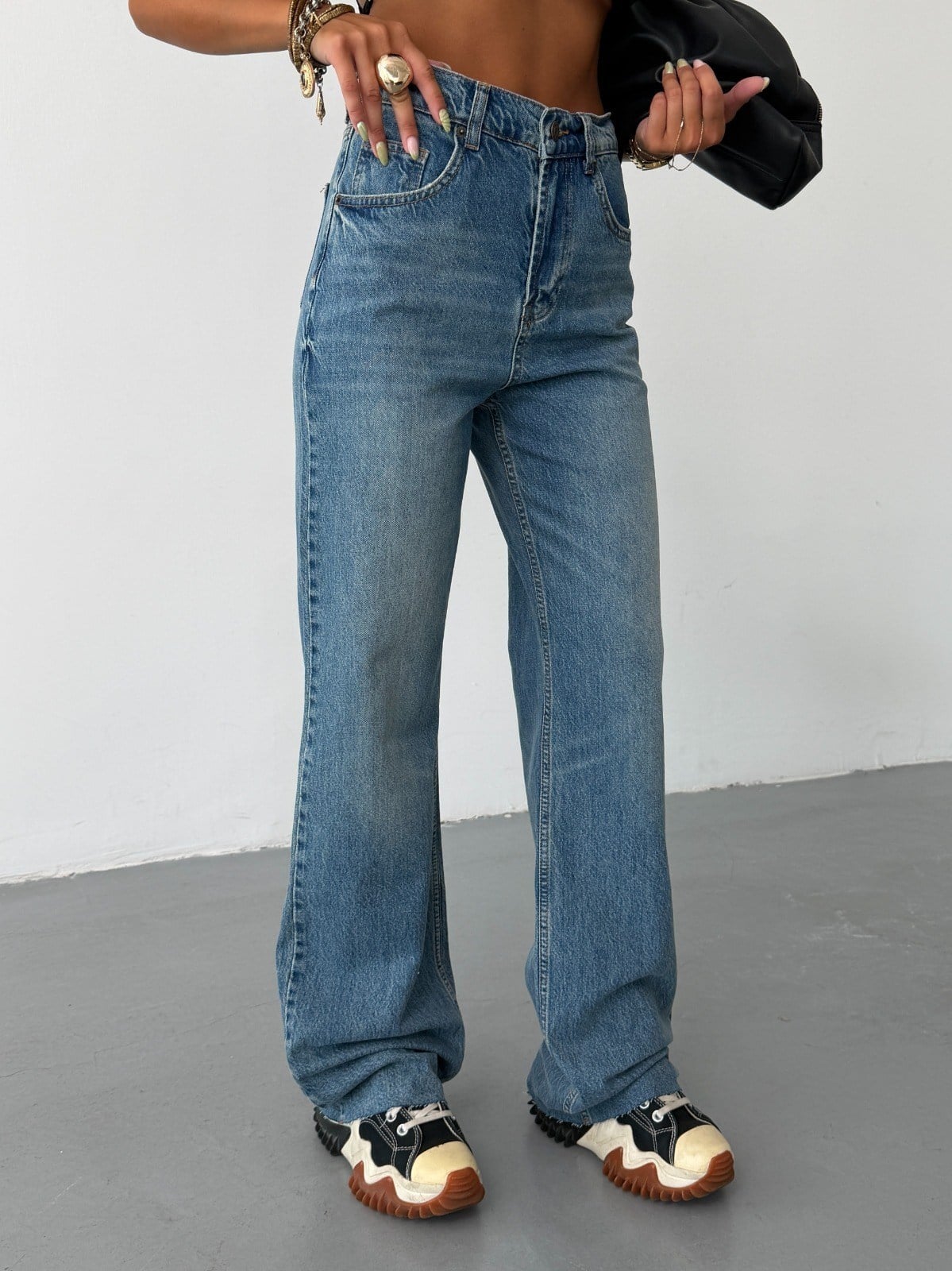 Kadın Yüksek Bel Wide Leg Jean Pantolon Düz Kesim Bol Paça Denim