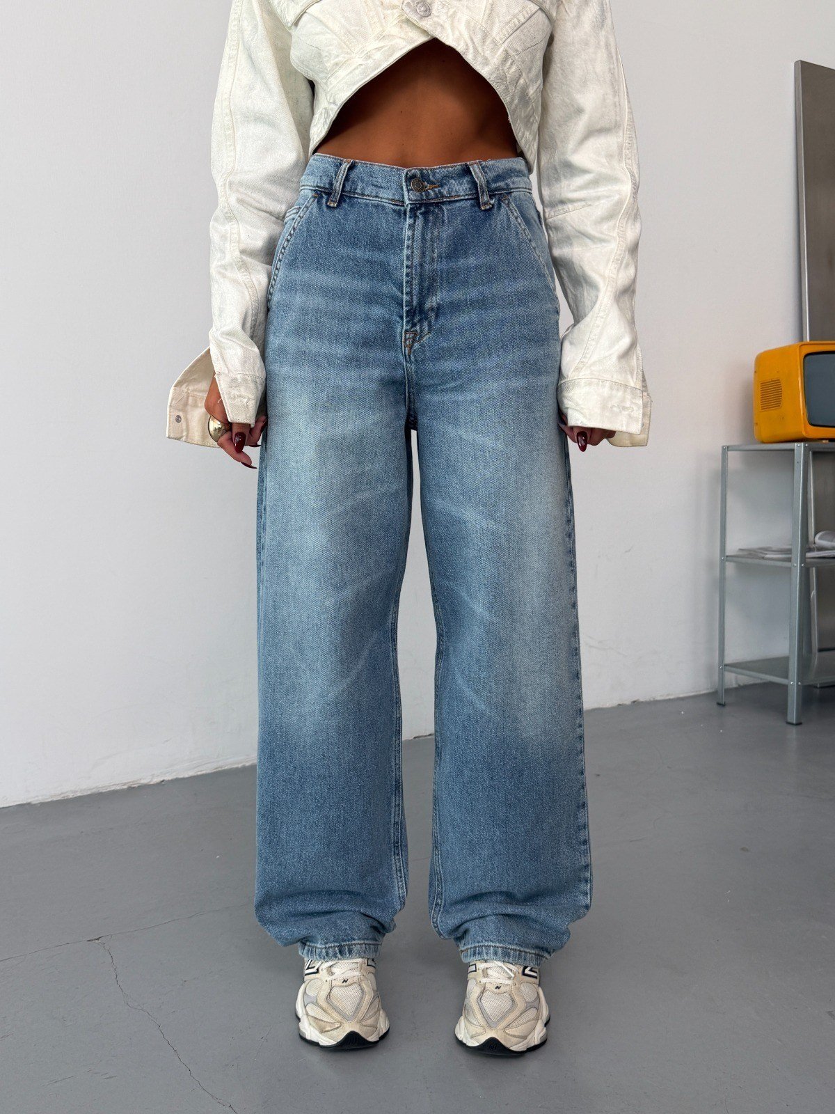 Kadın Yüksek Bel Yan Cepli Baggy Wide Leg Bol Paça Jean Pantolon