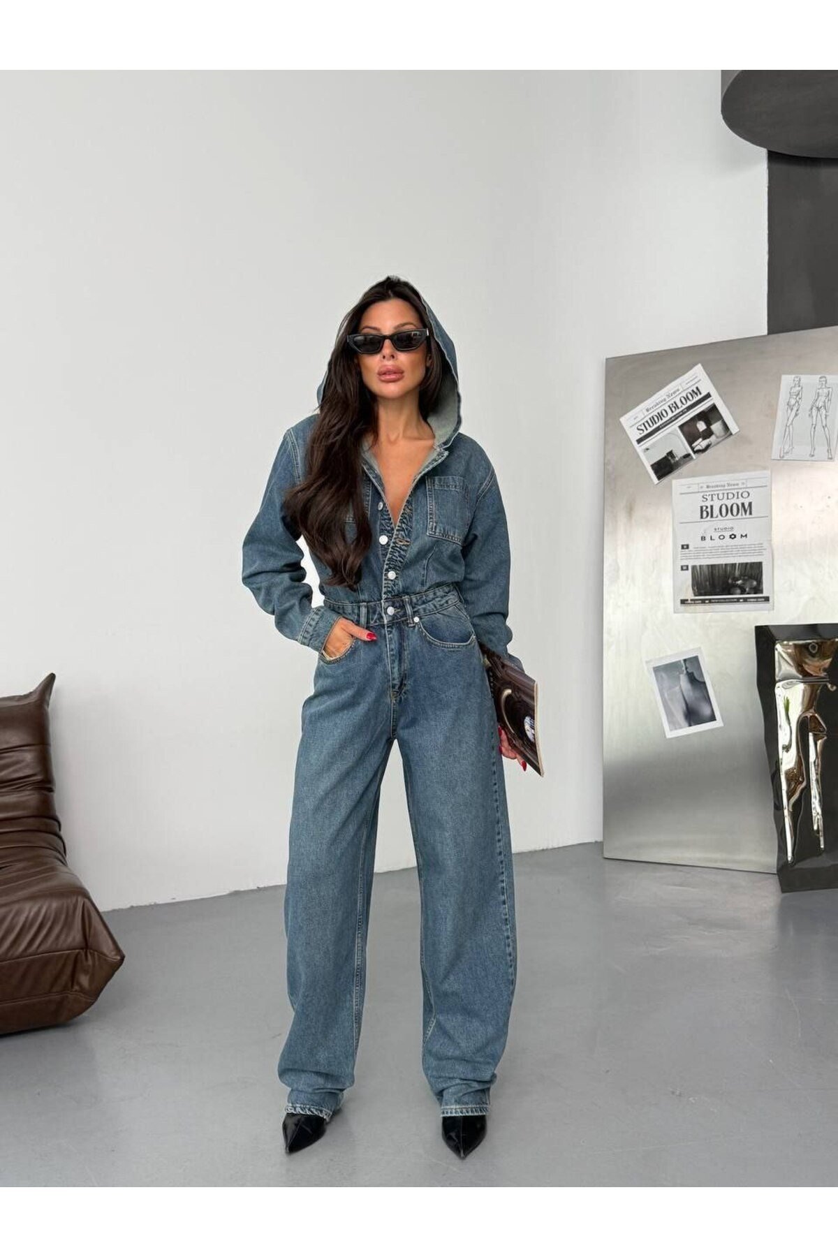 Kapüşonlu Düğmeli Relax Fit Denim Tulum – Mavi