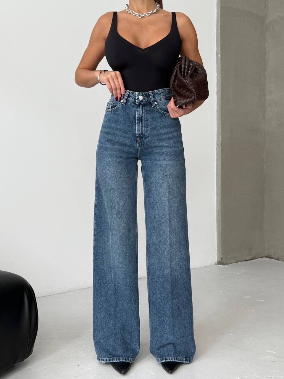 Koyu Denim Geniş Paça Yüksek Bel Pantolon