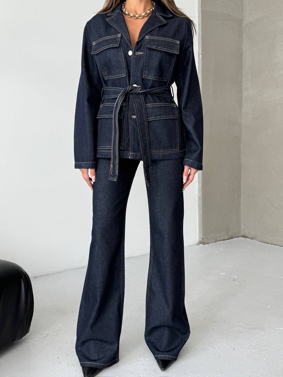 Koyu Denim Kemerli Ceket & Flare Pantolon Takım – Premium İkili Set