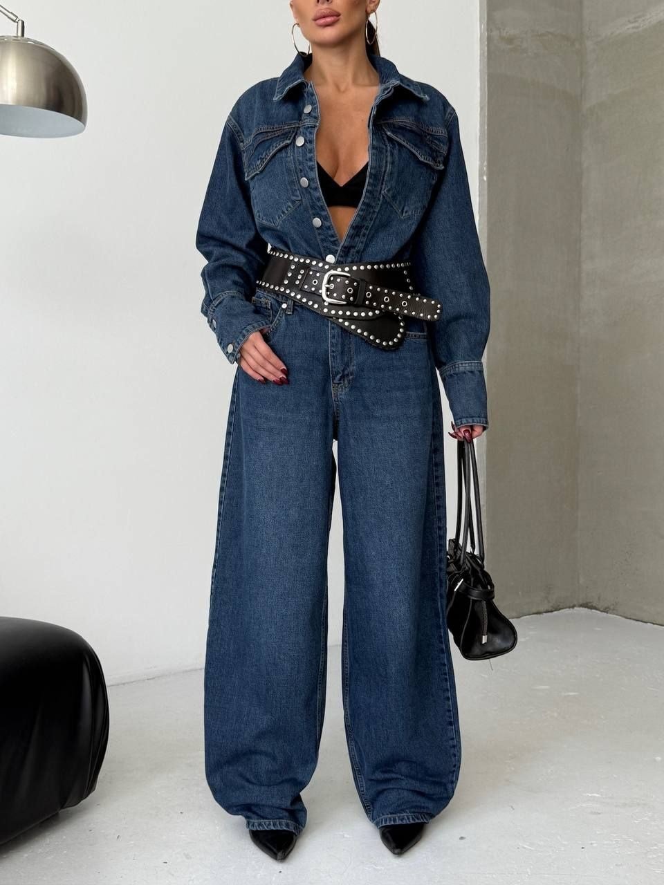 Koyu Denim Oversize Uzun Kollu Tulum